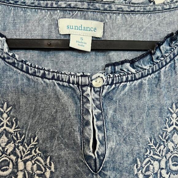 Sundance Fleur De Sel Top Embroidered Floral Lyocell Chambray Ruffle Size Small - Picture 5 of 6